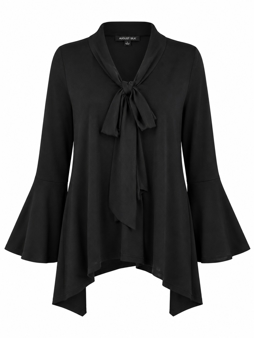 AUGUST SILK | Black Bow Neck Bell Sleeve High Low Sharkbite Knit Blouse | L